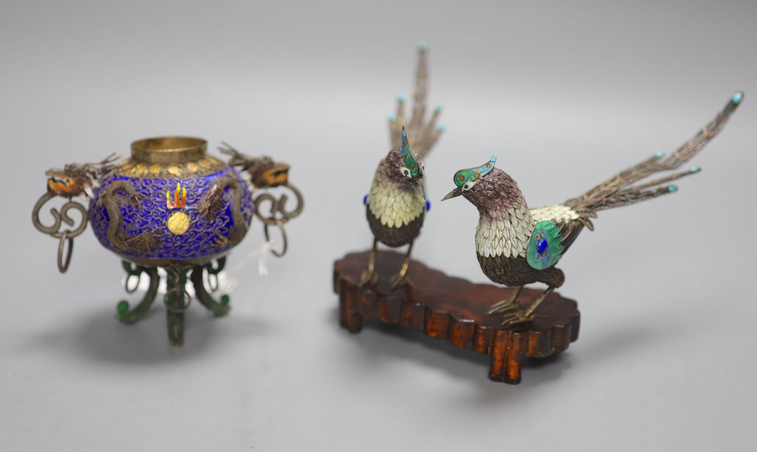 A Chinese white metal and enamel tripod censer (lacking cover), and two model pheasants